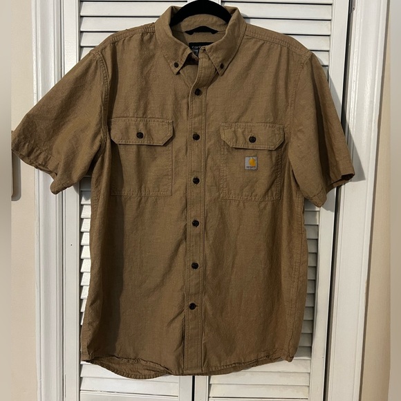 Carhartt Loose Fit Chambray Midweight Short Sleeve Tan Button Up Shirt - Picture 2 of 8
